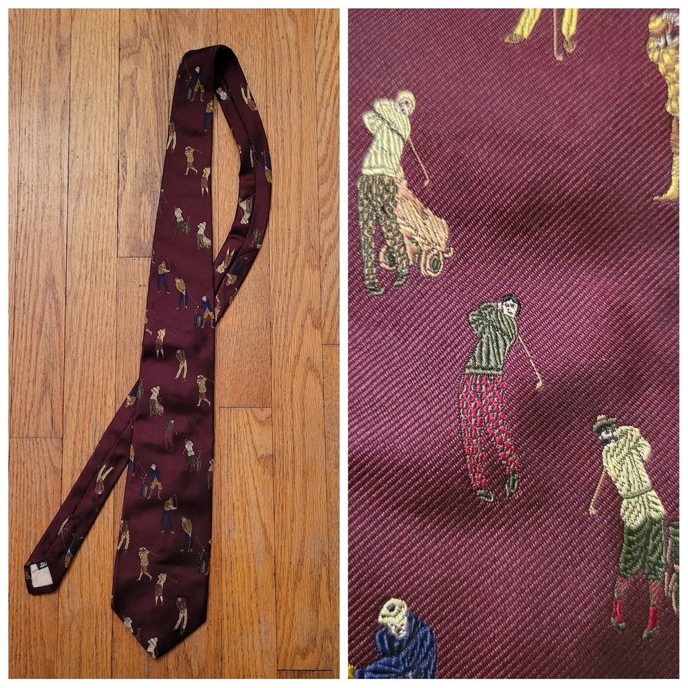 Paul Stuart Silk Tie Burgundy Golf Embroidered Handmade USA Classic Vintage